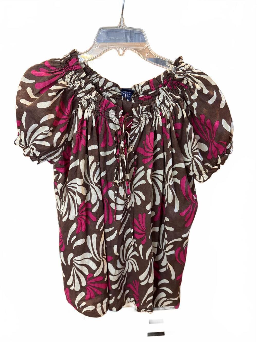485 Basic Editions 1X 25" PTP Brown Pink Floral Cotton Peasant Top R0000485